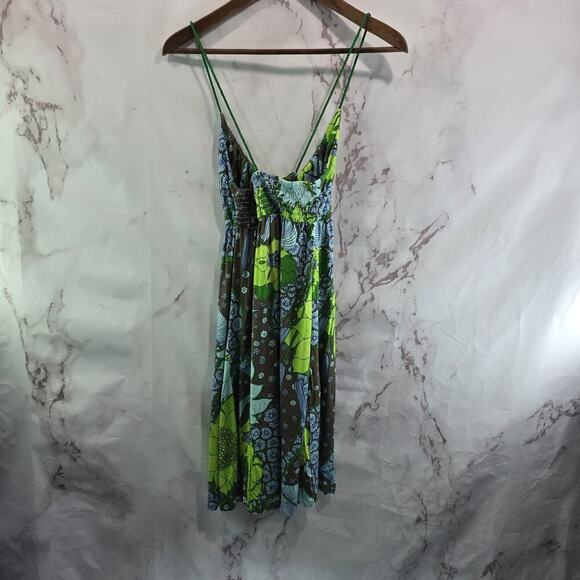 Free People Dress Womens Small Blue Green Boho Smocked Paisley Strappy Y2K - Picture 4 of 9